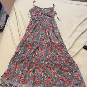 She + Sky Teal Maxi Dress with Pink Floral Print